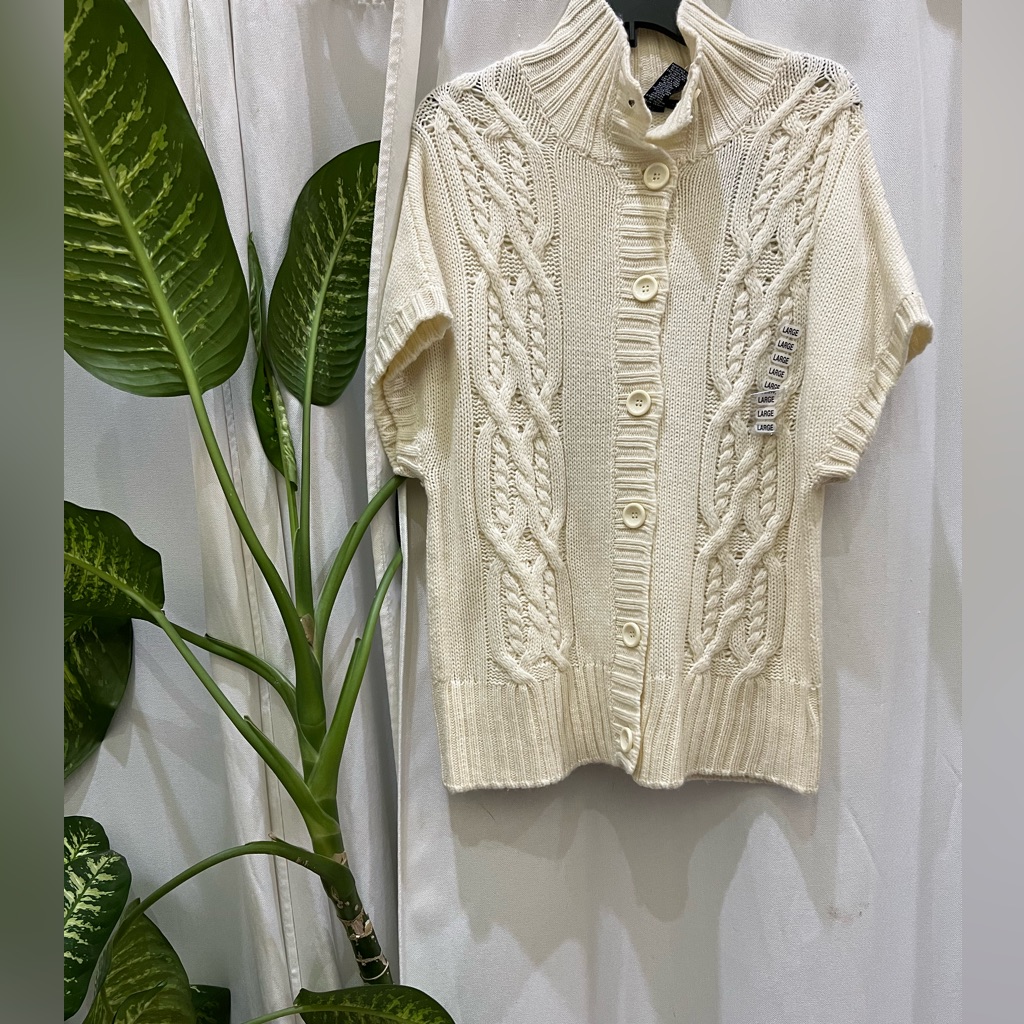 Brand New Lauren Hansen Womens Ivory Cardigan Wool Sweater Size L Short Sleeves